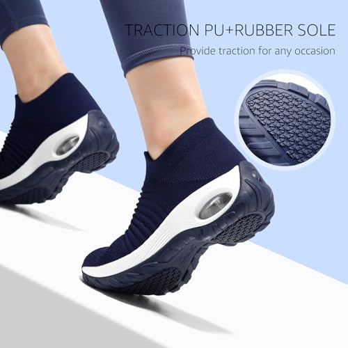 Women’s Slip-On Walking Shoes – Lightweight Mesh Nursing Sneakers with Air Cushion - Navy- Bigsellcenter